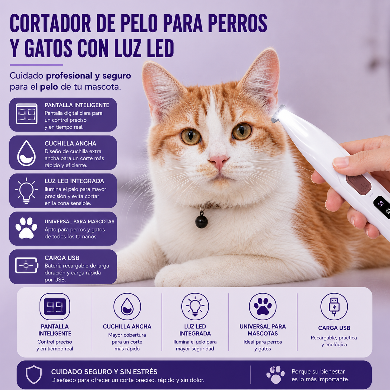 Recortador de Pelo para Mascotas Totalmente Impermeable con Pantalla LED | Seguridad para patas delicadas